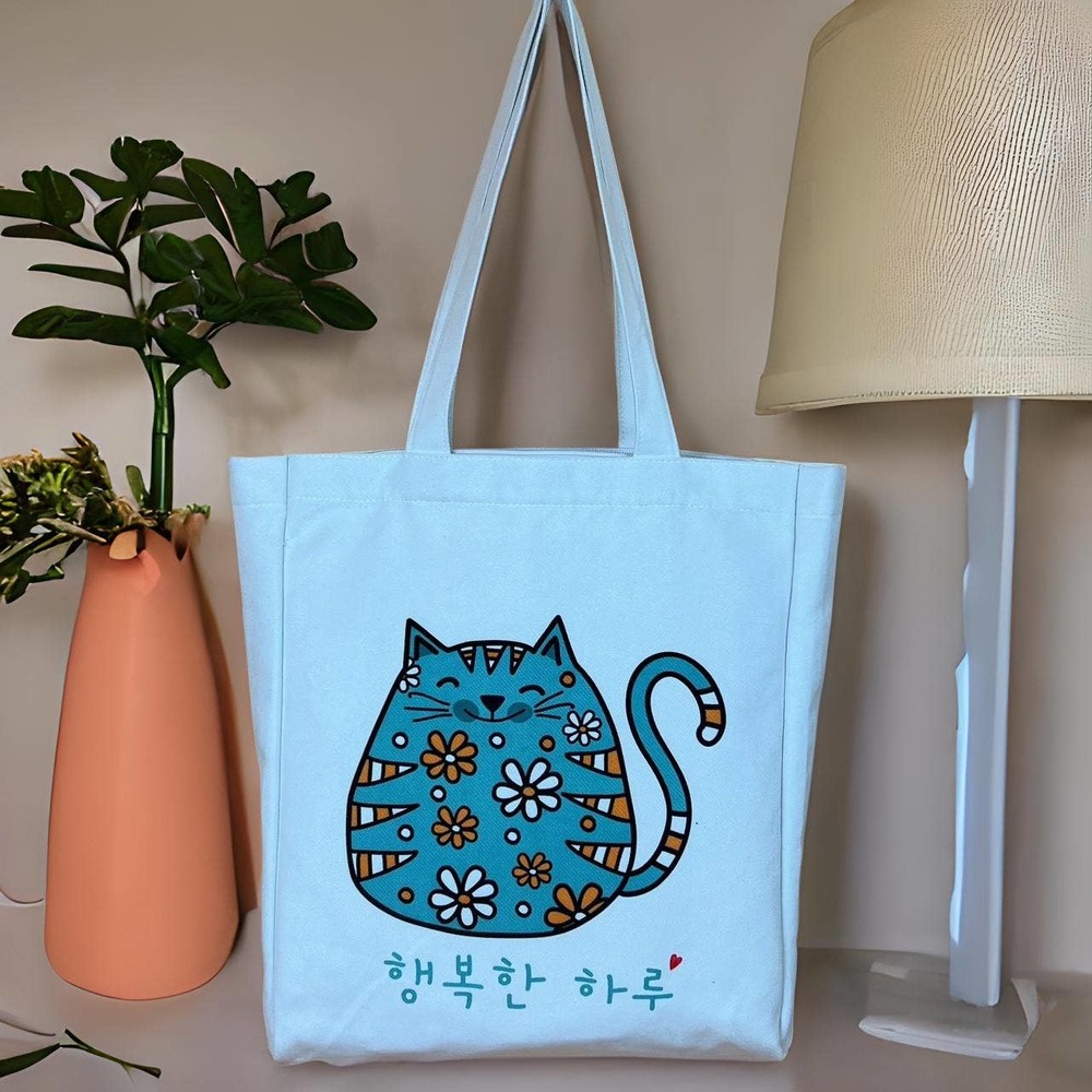 K-Pop Tote Bag White Flannel Fabric Material Cute Cat Design